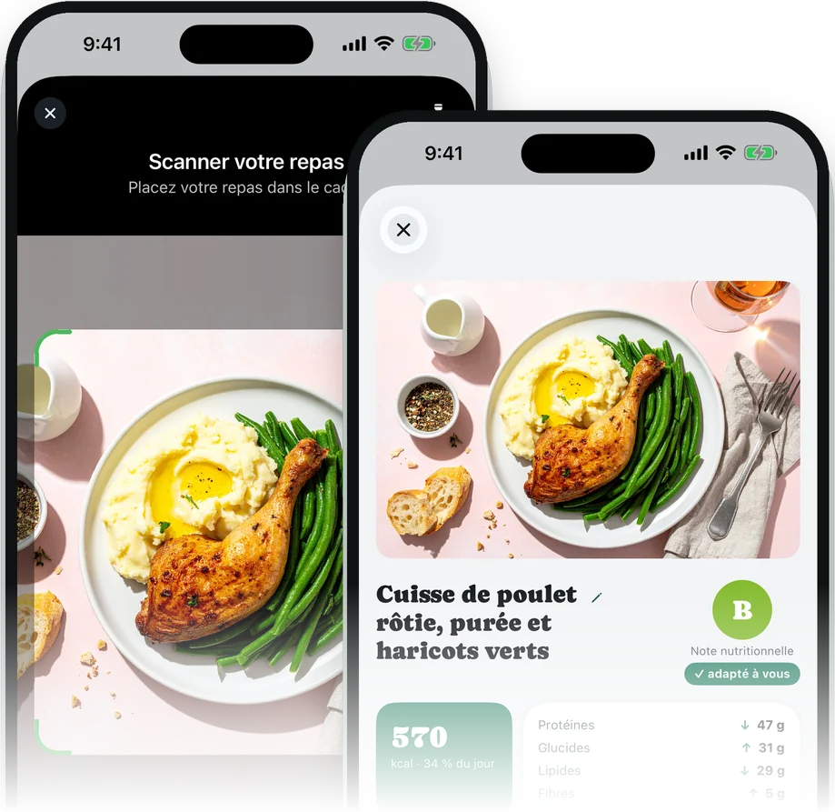 L'écran de scan d'une assiette et son analyse : cuisse de poulet, purée et haricots verts, 570 kcal